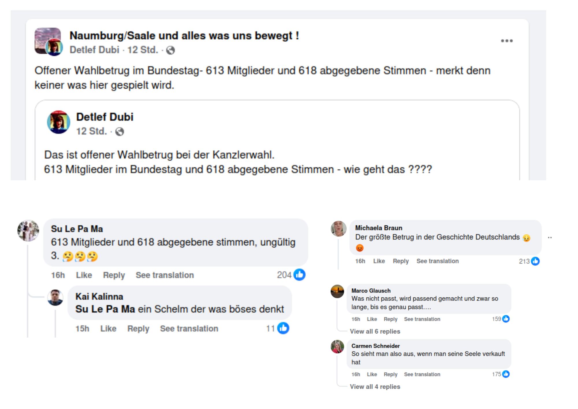Auszüge aus Facebookdiskussionen zur angeblich manipulierten Wahl von Merz zum Kanzler