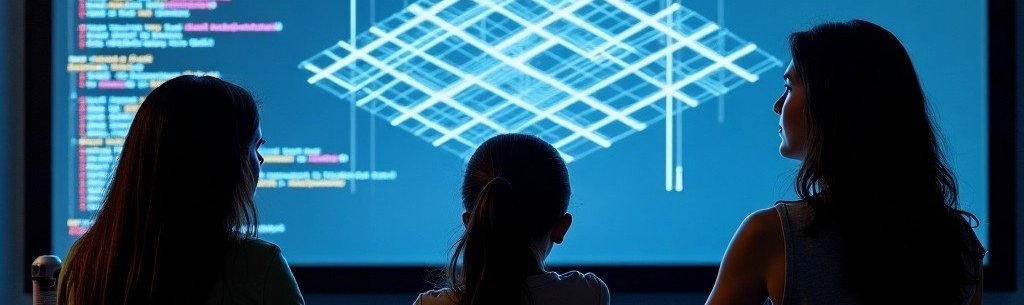 Eine Gruppe von Kindern sitzt vor einem Bildschirm mit geometrischen Objekten